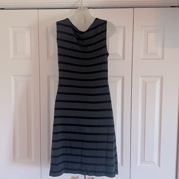 The Loft Striped Sleeveless Ruched Side Black Grey Dress size Small S -EUC - Picture 5 of 6
